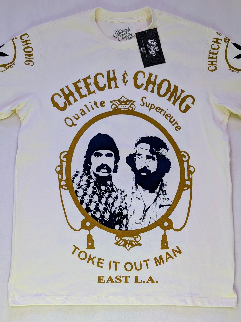 Cheech & Chong Toke It Out Man Graphic T-Shirt Gold Print Tee NWT Men's Size L